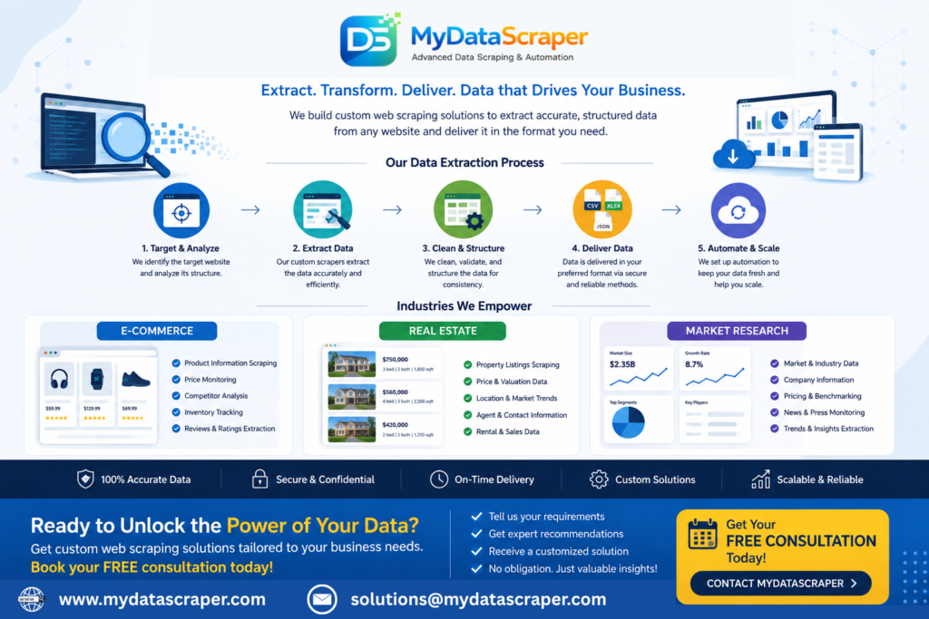 Call to action banner encouraging readers to contact MyDataScraper for custom web scraping solutions and a free consultation