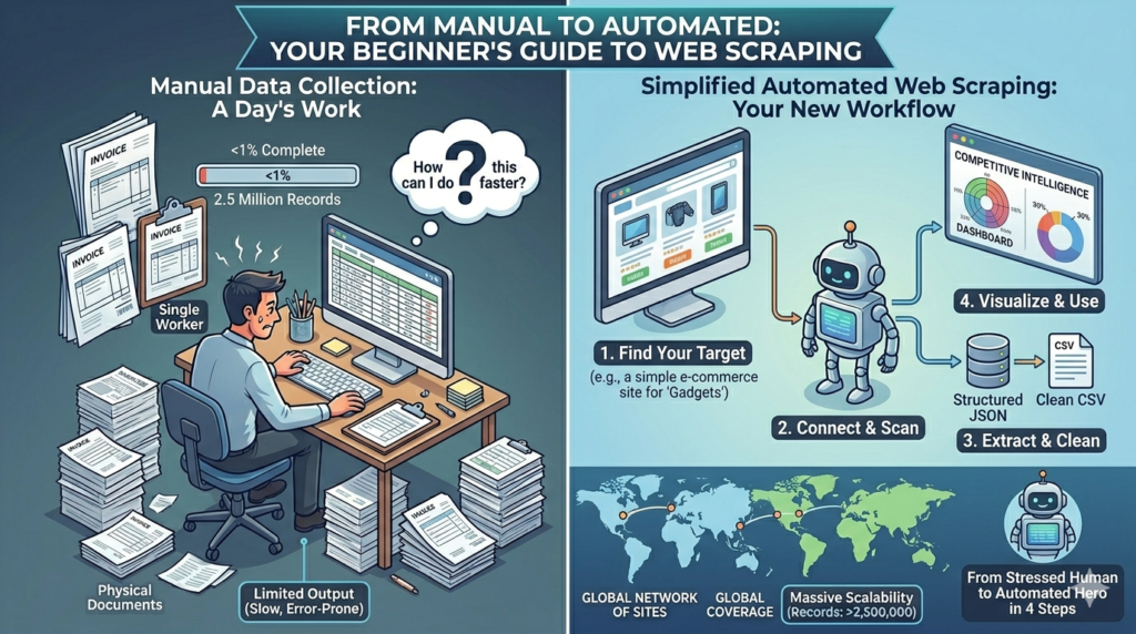 Complete beginner's guide to web scraping hero image with step-by-step data extraction visual