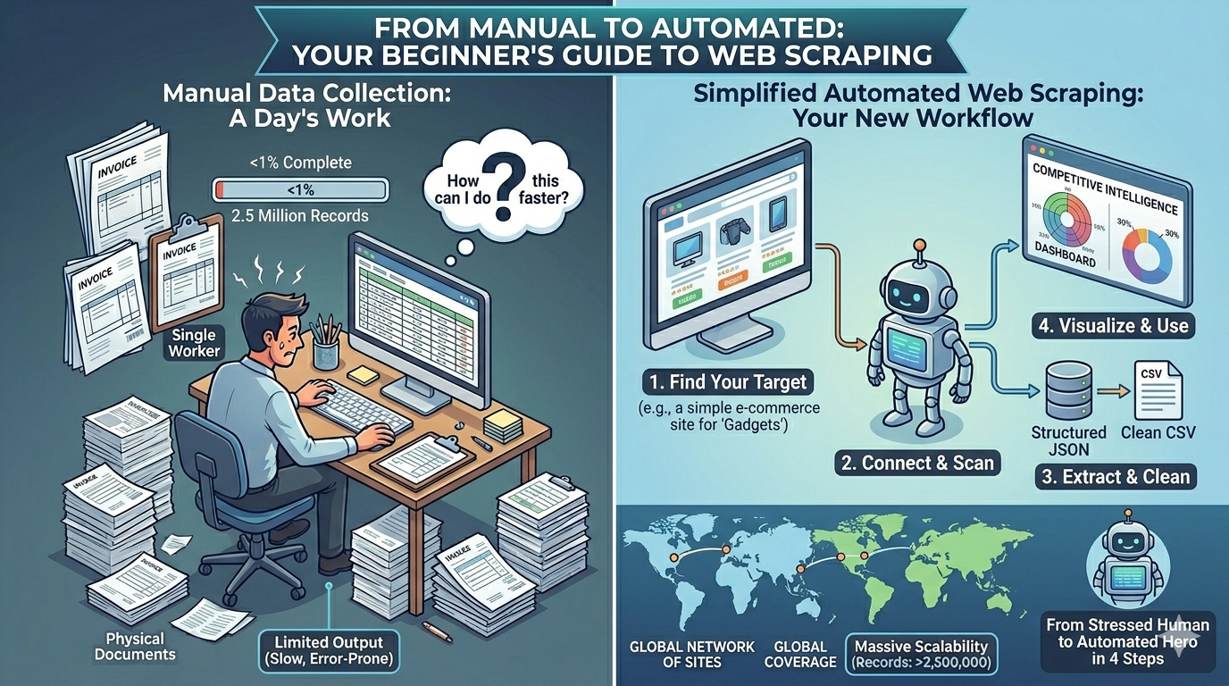 Complete beginner's guide to web scraping hero image with step-by-step data extraction visual