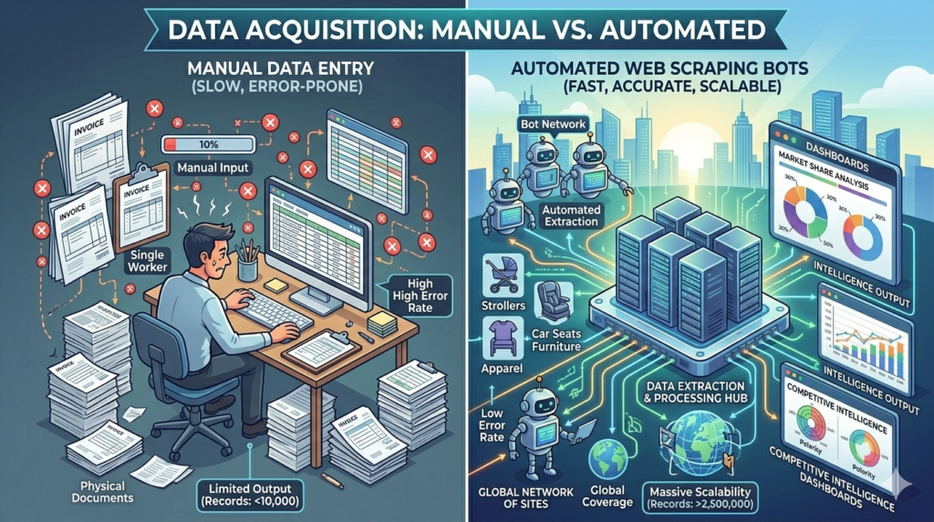Hero comparison image showing manual data entry on left versus automated web scraping bots on right