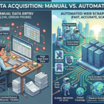 Hero comparison image showing manual data entry on left versus automated web scraping bots on right