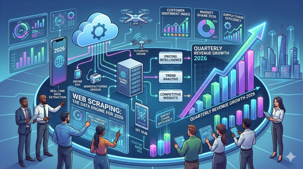 Illustration showing web scraping driving business growth with data charts and connected devices in 2026