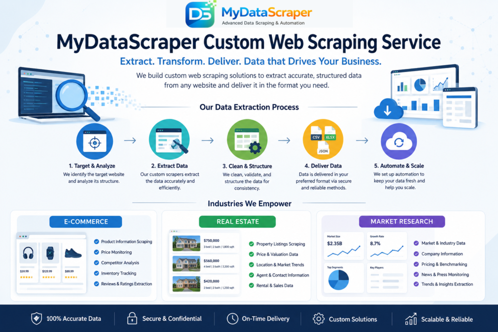 MyDataScraper custom web scraping service overview showing data extraction process for e-commerce, real estate, and market research
