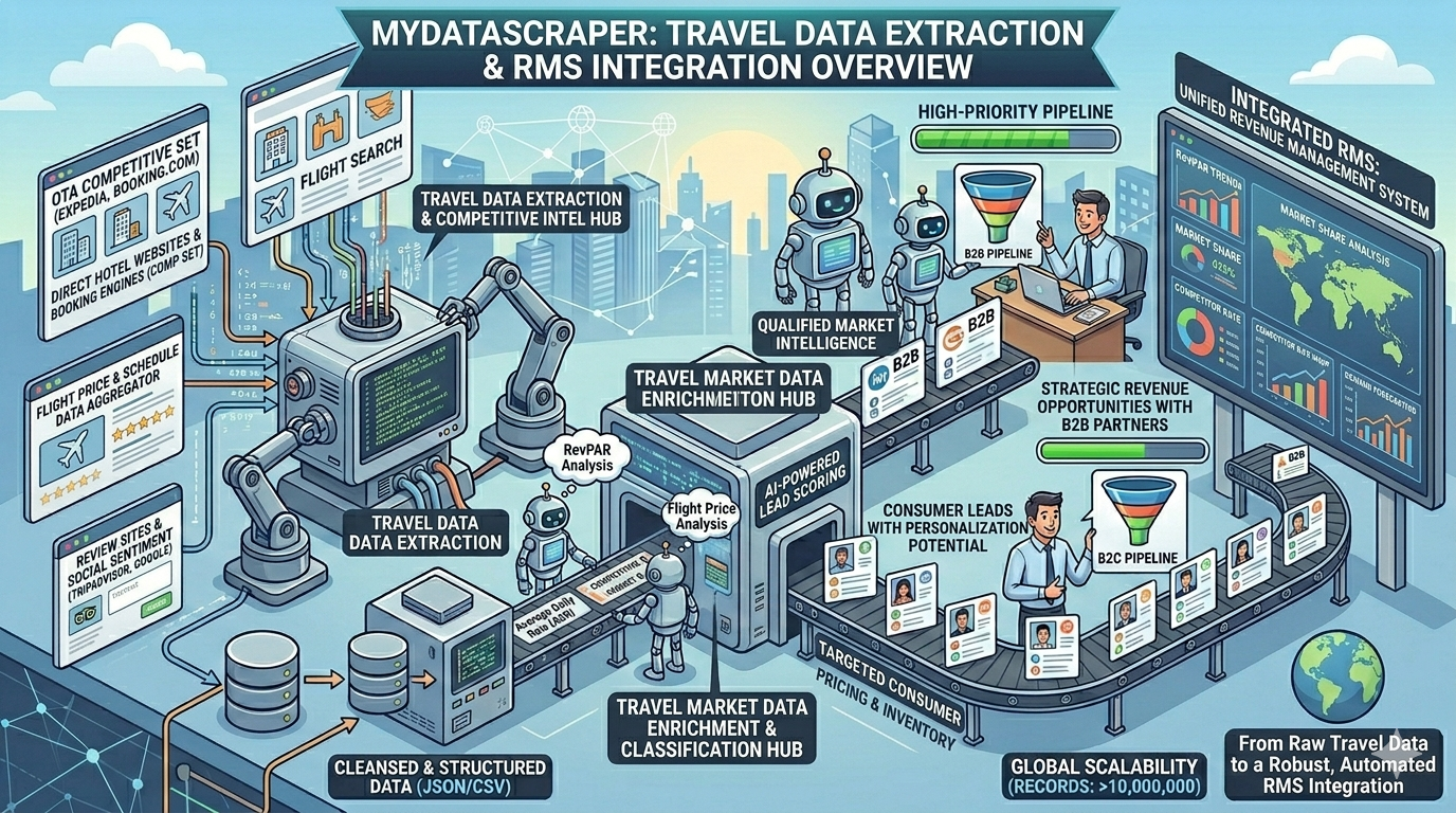 MyDataScraper travel data extraction service overview showing the complete pipeline from competitive set definition through custom scraper development data normalization and delivery in CSV JSON Excel integrated with hotel revenue management systems channel managers and business intelligence platforms