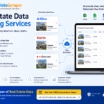 Real estate data scraping hero image showing property listings being extracted from Zillow Redfin and Realtor websites