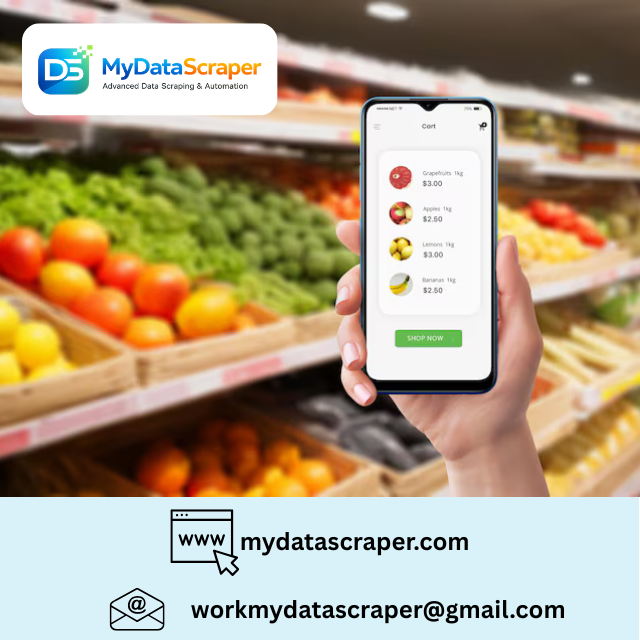 Smartphone showing grocery delivery app with fresh produce and prices