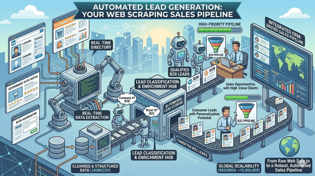 Web scraping for lead generation hero image showing automated data extraction building B2B and B2C sales pipeline