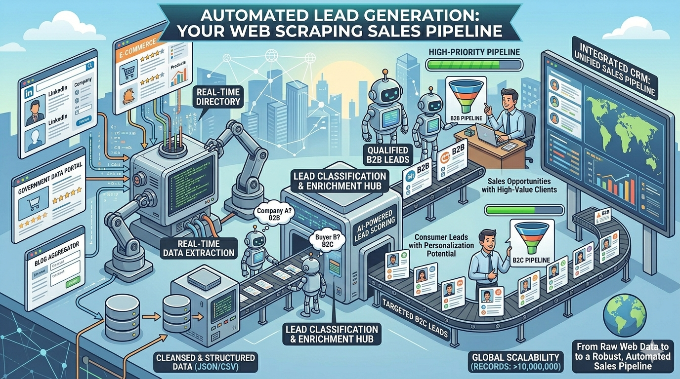 Web scraping for lead generation hero image showing automated data extraction building B2B and B2C sales pipeline