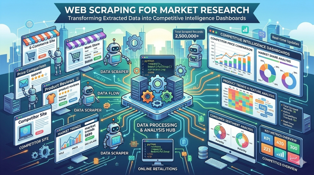 Web scraping for market research hero image showing data extracted from multiple websites transformed into competitive intelligence dashboards