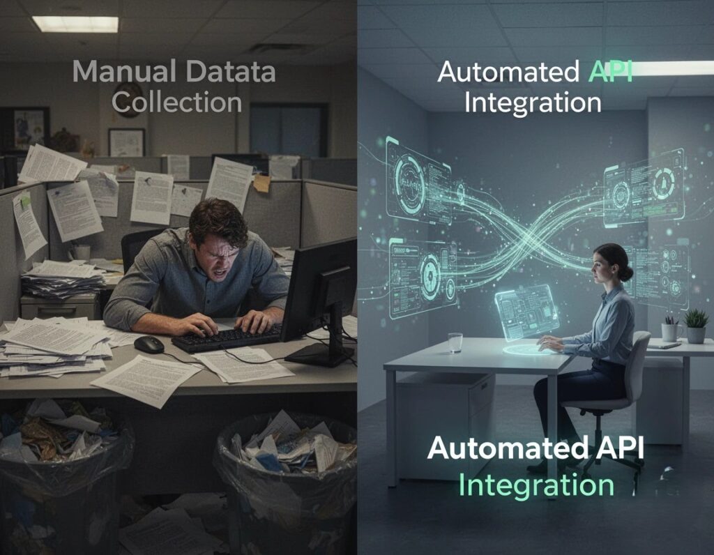 Side-by-side comparison of manual MLS data collection vs automated API integration