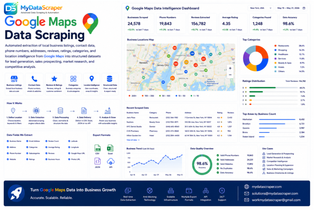 Google Maps data scraping hero image showing automated extraction of local business listings